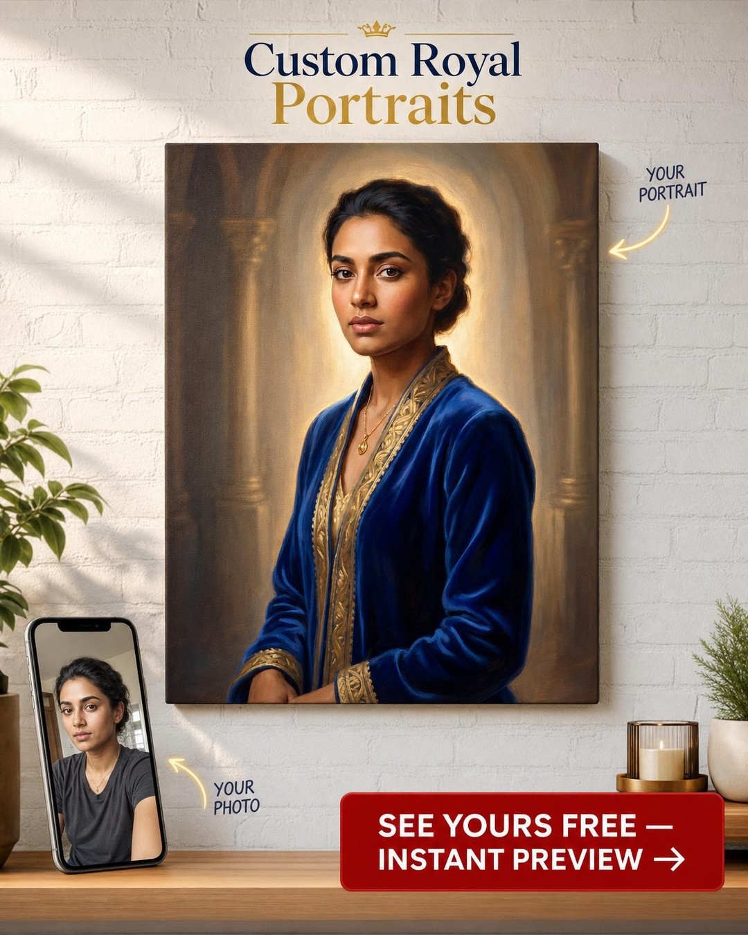 Custom Royal Woman Portrait — Regal Canvas from Photo