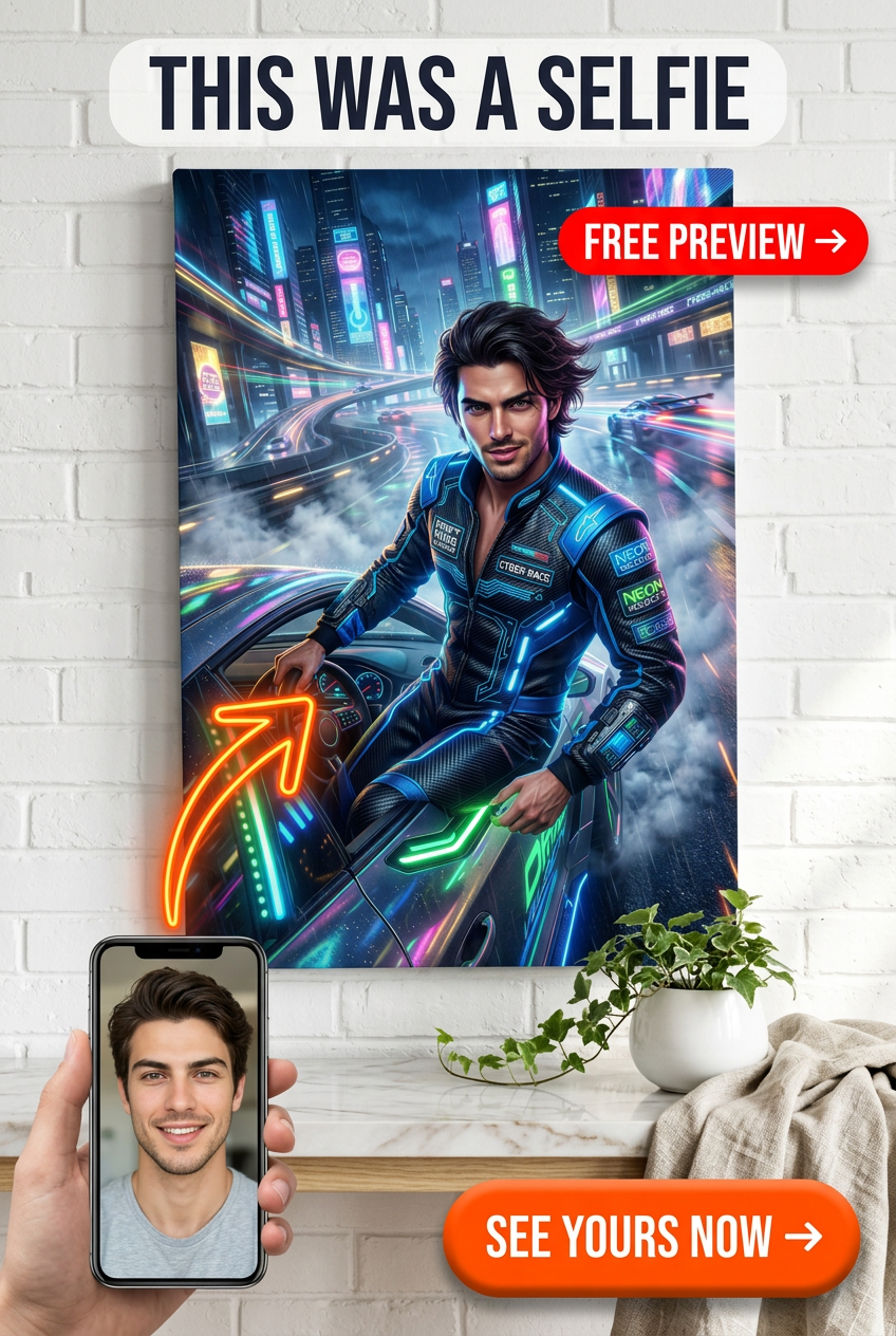 Custom Cyberpunk Man Portrait — Neon Heroic Canvas