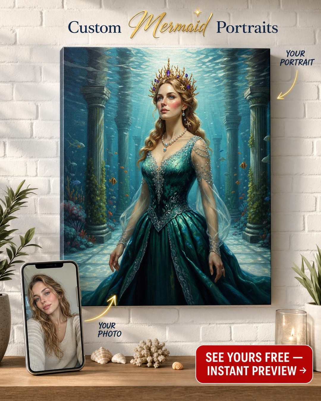 Custom Fantasy Woman Portrait — Whimsical Underwater Princess Canvas