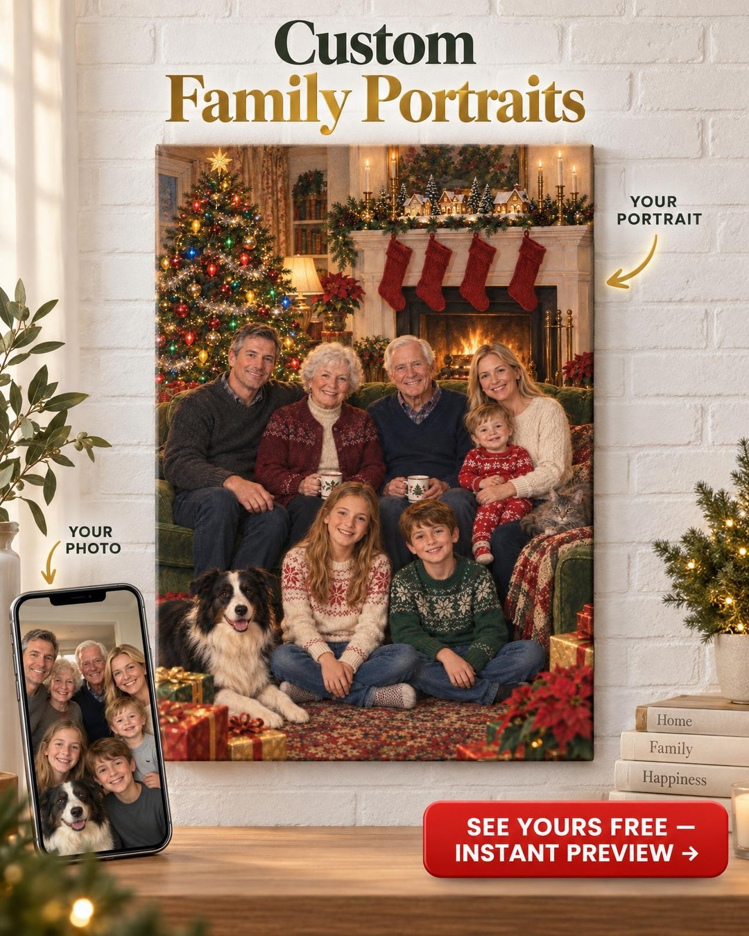 Christmas Eve by the Fire Custom Portrait from Photo | Personalized Christmas Portrait Gift
