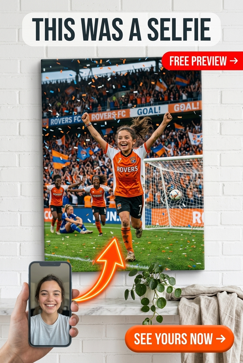 Custom Soccer Girl Portrait — Festive Goal Celebration Canvas