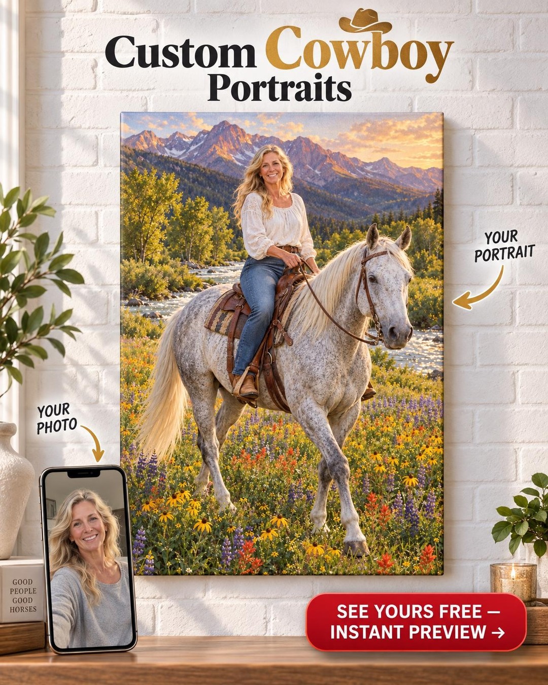 Wildflower Meadow Ride Horse Custom Portrait from Photo | Personalized Horse and Rider Gift