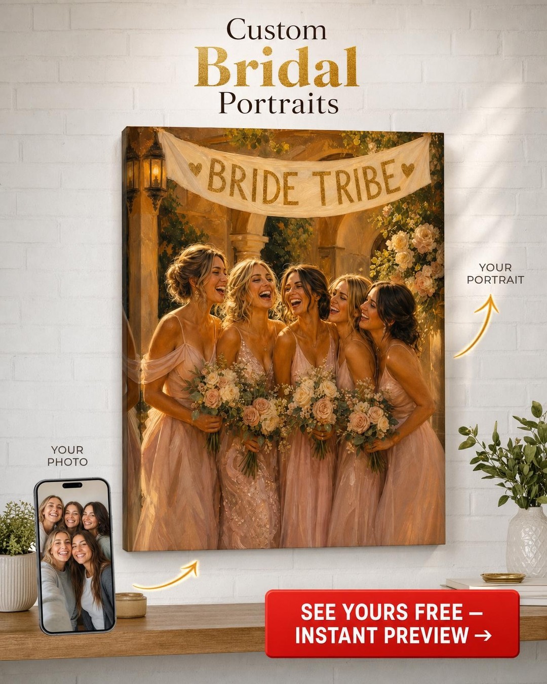 Bridesmaid Gift — Bridal Celebration Portrait Canvas from Photo