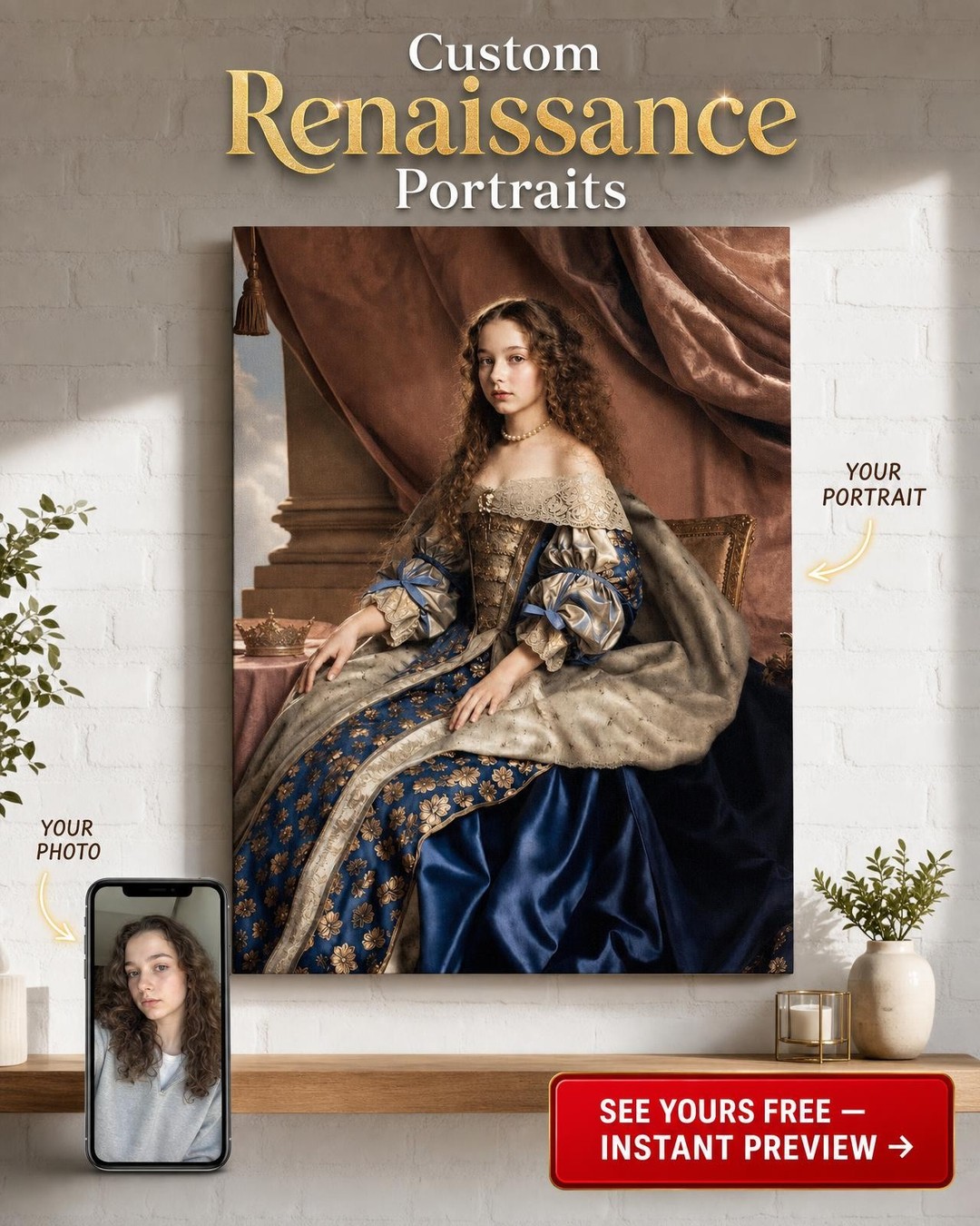 Young Baroque Princess Custom Portrait from Photo | Personalized Gift