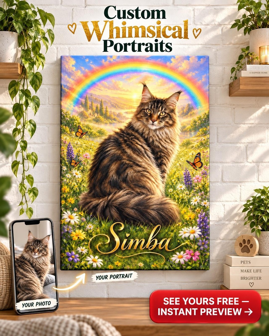 Rainbow Bridge Cat Memorial Custom Portrait from Photo | Personalized Cat Memorial Gift