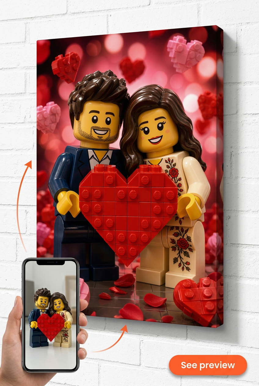 Custom Brick Minifigure Valentine Heart Couple Portrait from Photo | Personalized Gift