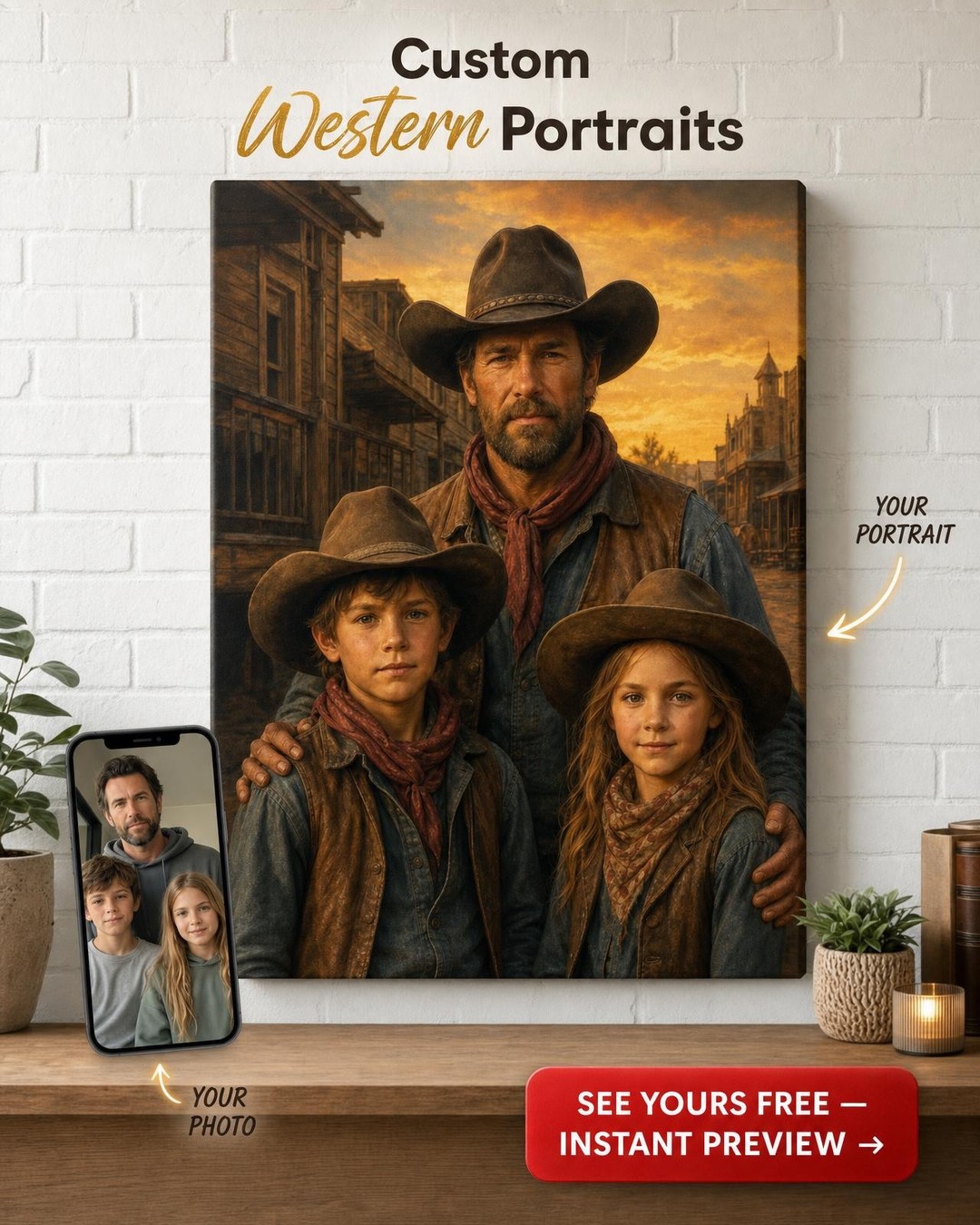 Custom Cowboy Family Portrait — Heroic Western Canvas from Photo