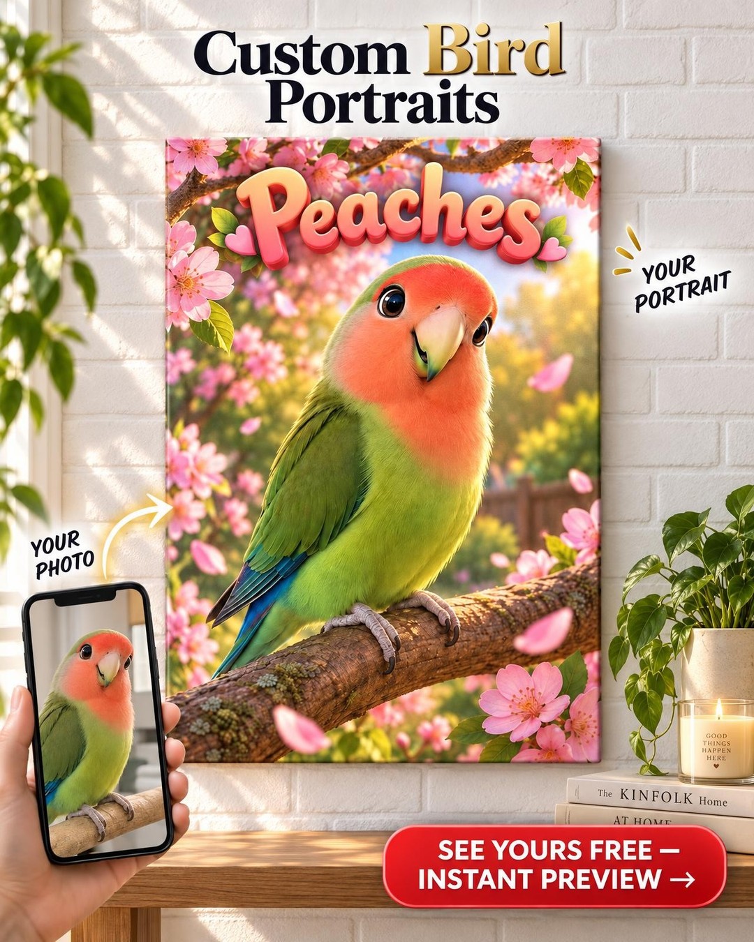 Custom Pixar-Style 3D Lovebird Portrait from Photo | Personalized Bird Gift