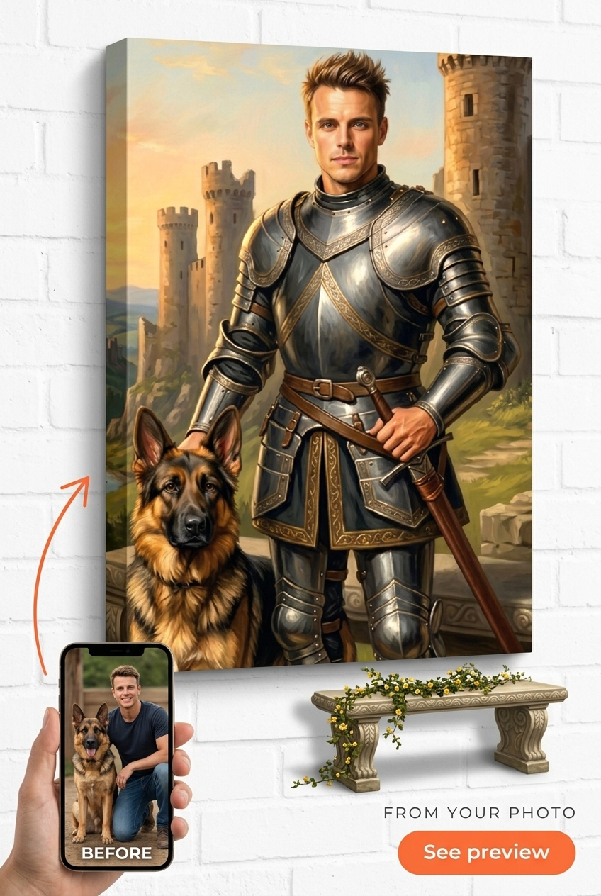 Custom Knight & Dog Portrait — Heroic Pet Canvas from Photo