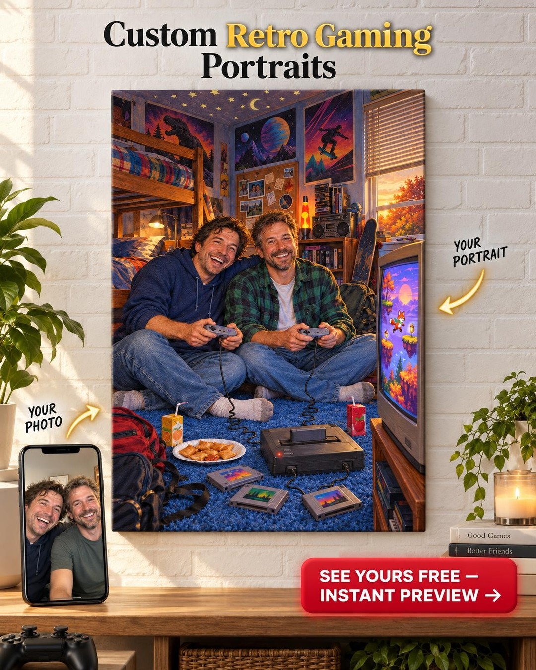 After-School Siblings Retro Gamer Custom Portrait from Photo | Personalized Retro Gamer Gift