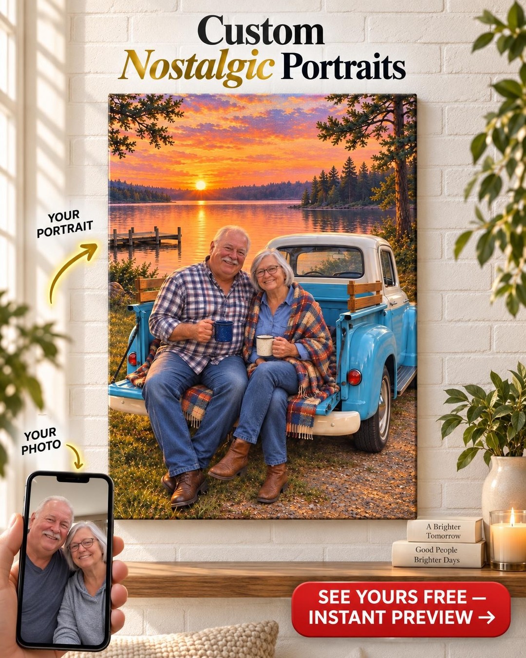 Tailgate Sunset at the Lake Custom Truck Portrait from Photo | Personalized Truck Gift