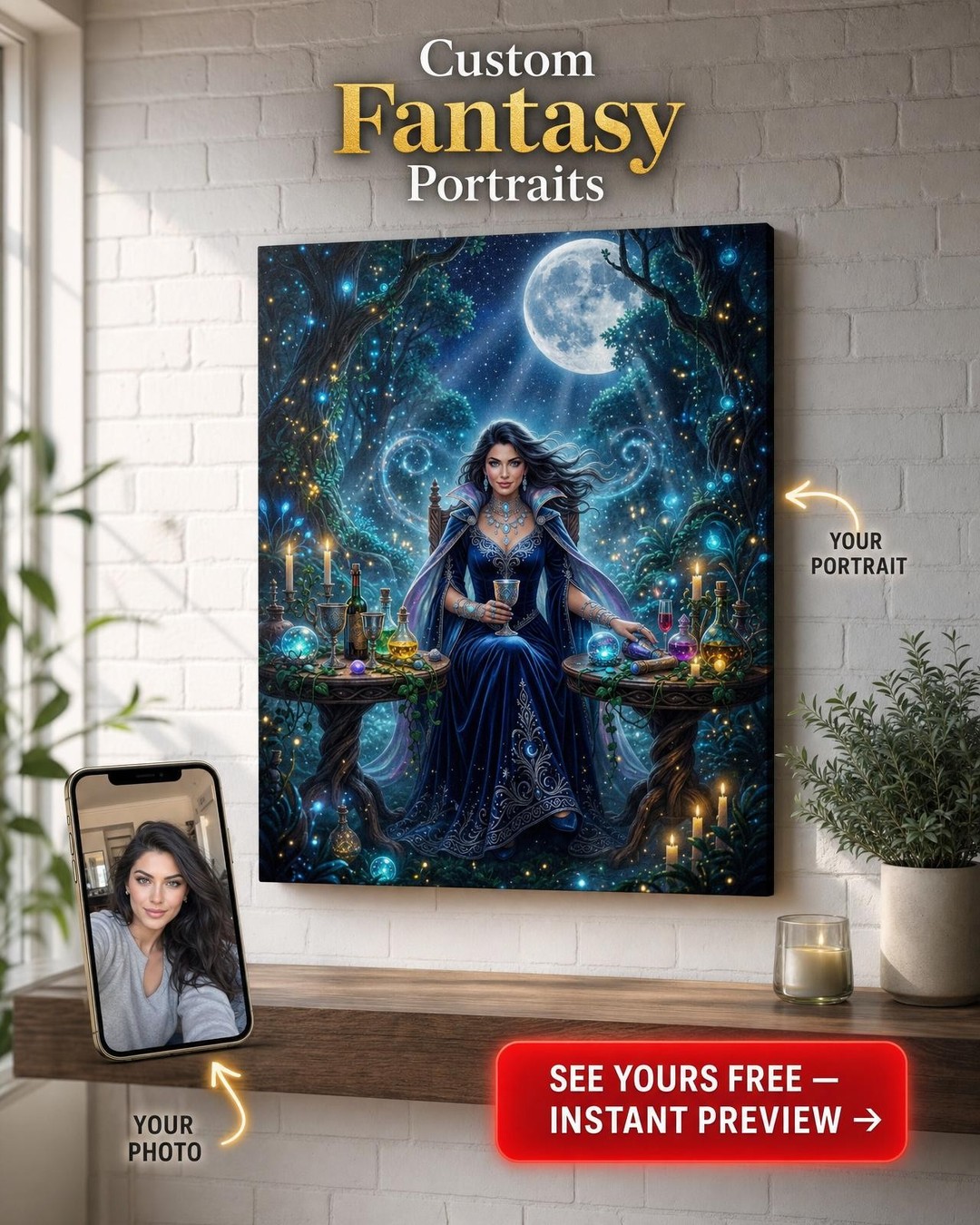 Custom Fantasy Woman Portrait — Whimsical Moon & Potion Canvas