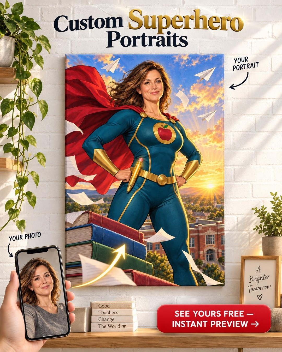Super Teacher Custom Portrait for Her from Photo | Personalized Teacher Gift