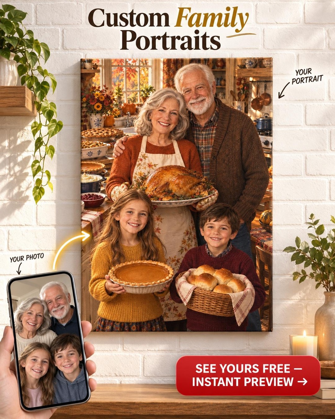 Thanksgiving at Grandma and Grandpa's Custom Portrait from Photo | Personalized Grandma Kitchen Portrait Gift