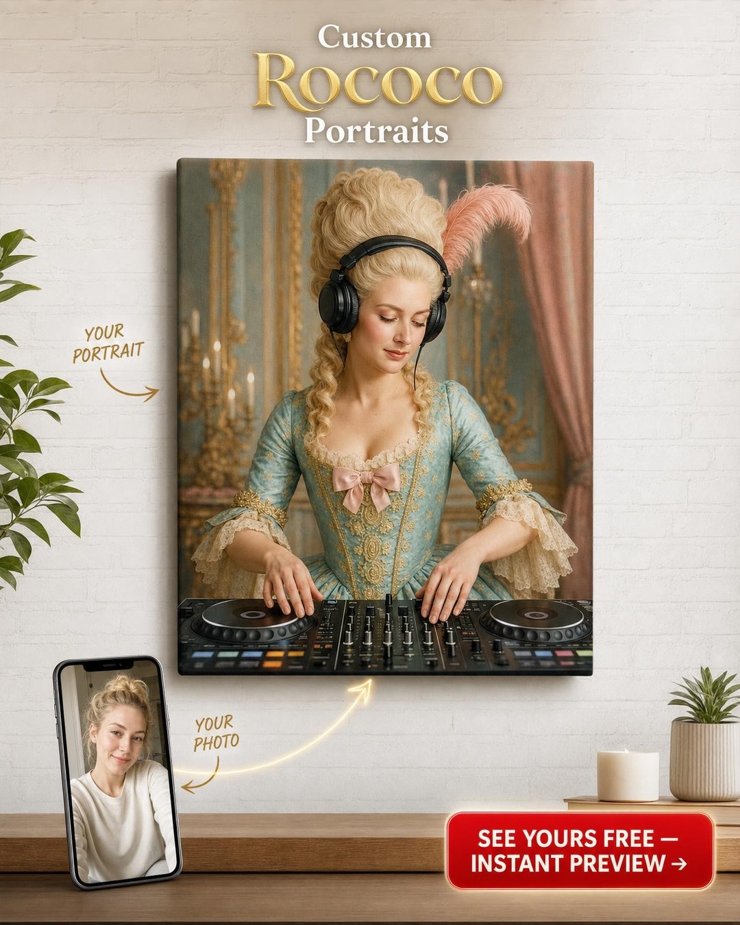 Custom Baroque Woman Portrait — Whimsical DJ Music Lover Canvas