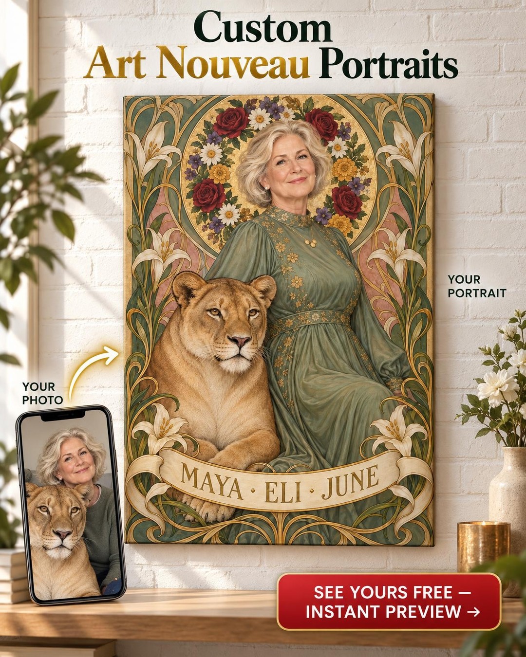 Art Nouveau Lioness Custom Portrait from Photo | Personalized Lioness Gift