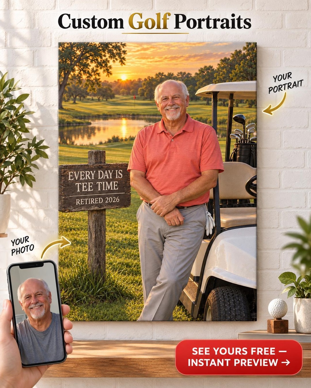 Retirement Golf Custom Portrait from Photo | Personalized Golf Portrait Gift