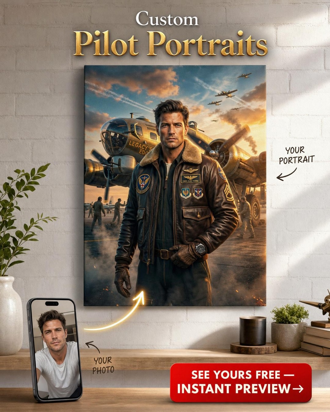 Heroic Pilot Portrait Gift — Custom Canvas Art