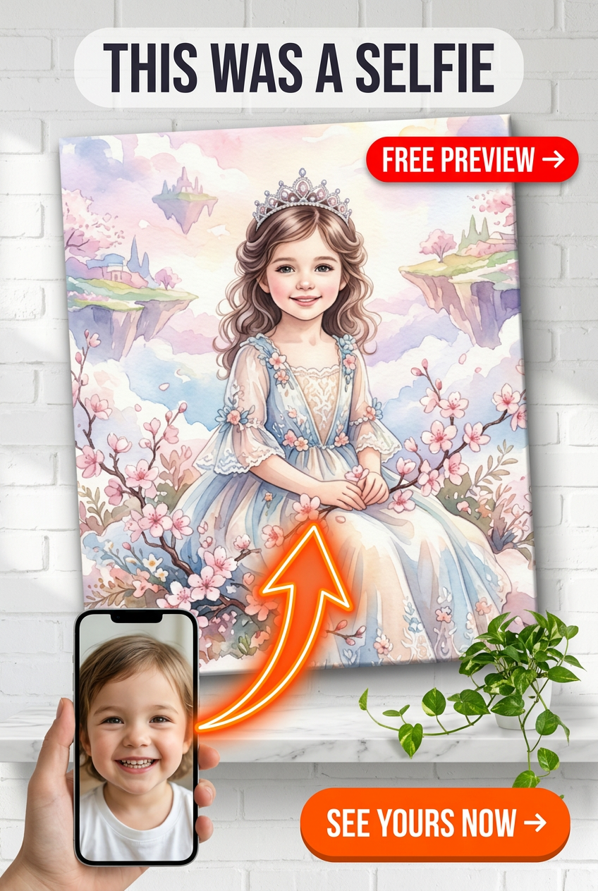 Custom Royal Mother-Child Portrait — Whimsical Crown & Flowers Canvas