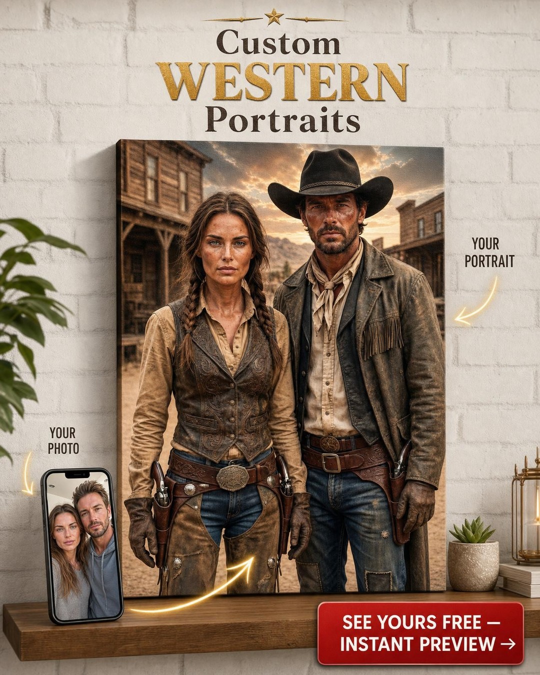 Custom Cowboy Couple Portrait — Heroic Western Canvas