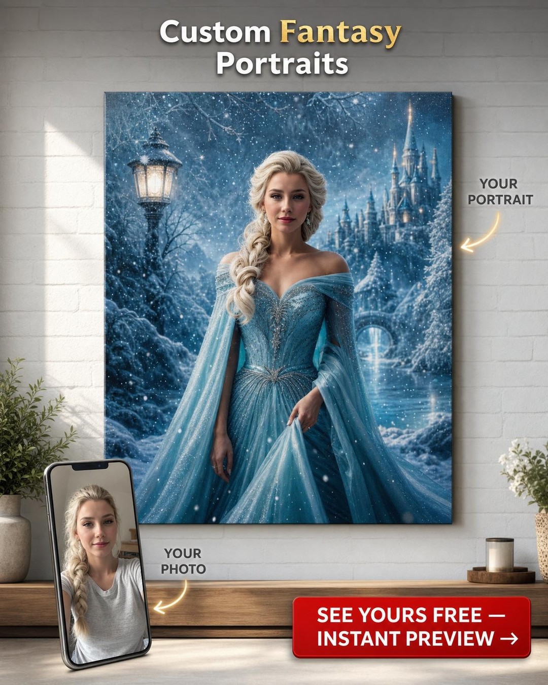 Custom Fantasy Woman Portrait — Whimsical Ice Castle Canvas