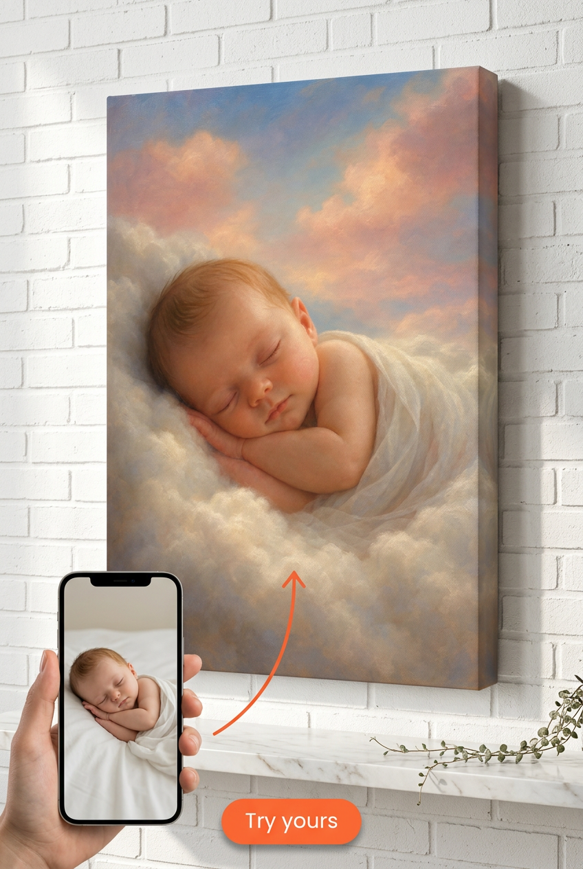Custom Baby Mother-Child Portrait — Serene Girl in Clouds from Photo