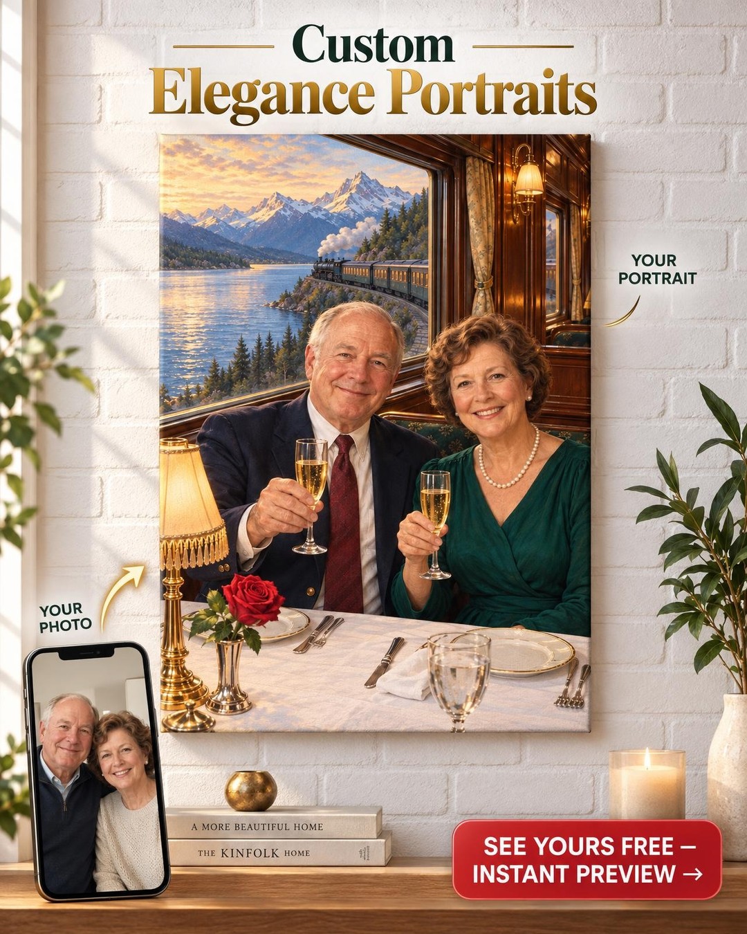 Dining Car Anniversary Couple Custom Portrait from Photo | Personalized Railroad Portrait Gift