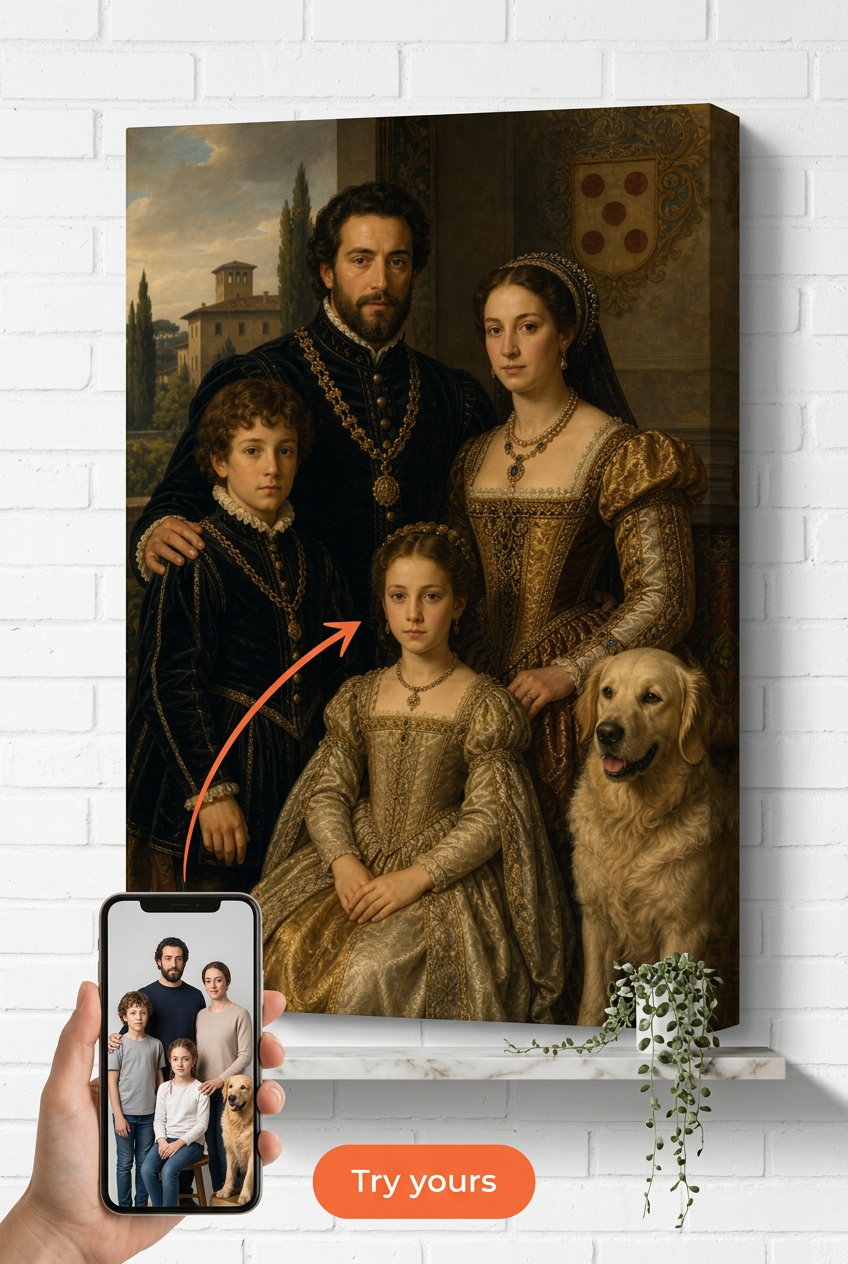 Custom Renaissance Family Portrait — Regal Castle Canvas from Photo