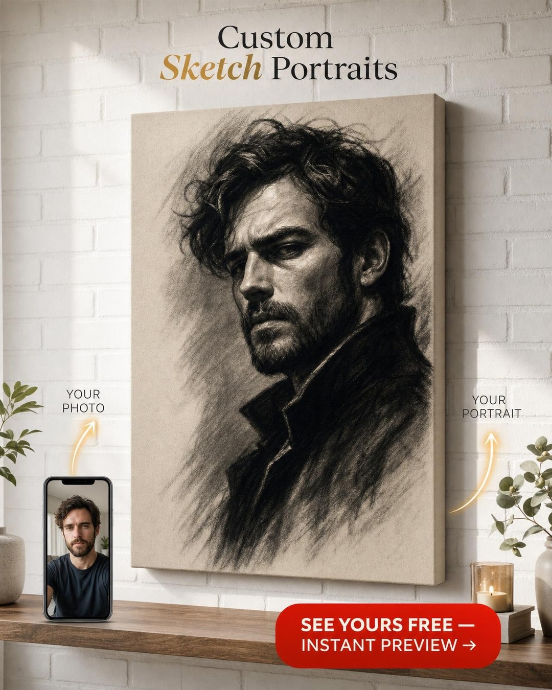 Custom CharcoalSketch Single-Man Portrait — Heroic Canvas Art from Photo
