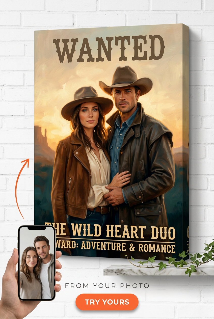 Custom Cowboy Couple Portrait Canvas — Romantic Western Art