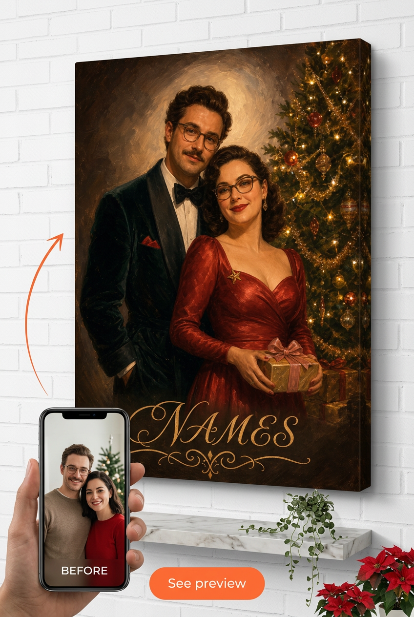 Custom 1940s Hollywood Christmas Tree Portrait from Photo | Personalized Gift