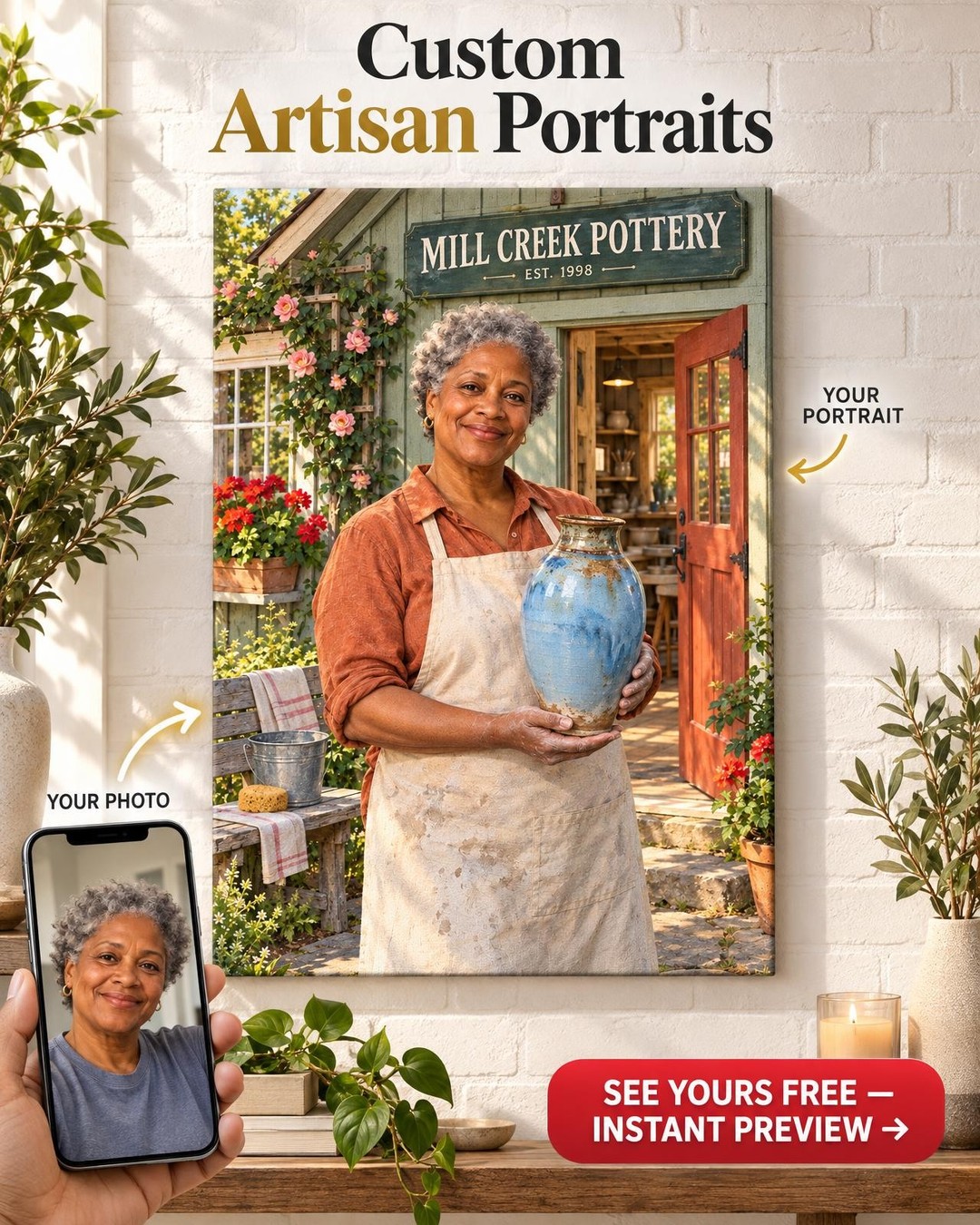 Her Studio Sign Potter Custom Portrait from Photo | Personalized Pottery Portrait Gift