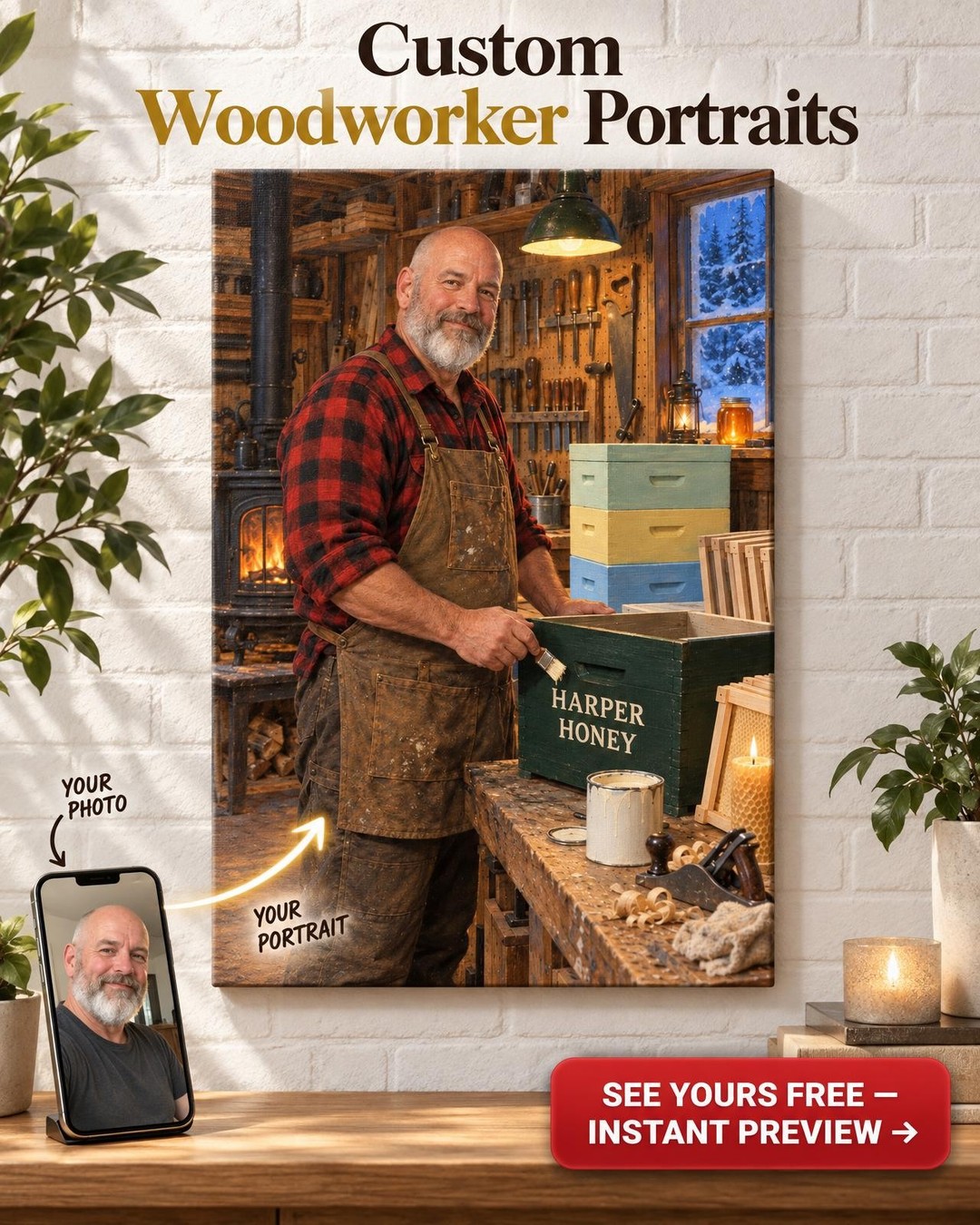 Winter Evening By The Woodstove Custom Portrait From Photo | Personalized Beekeeping Portrait Gift