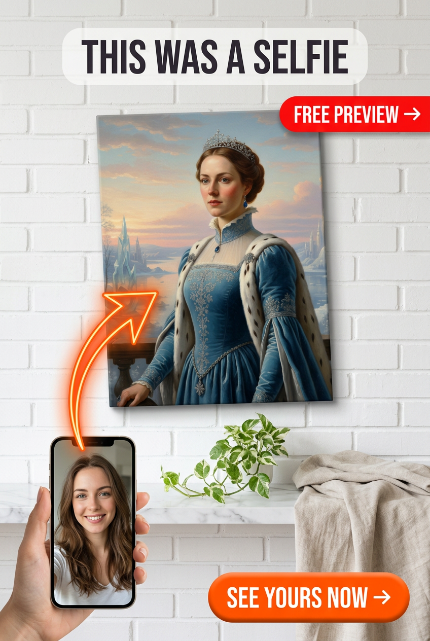 Custom Royal Woman Portrait — Regal Crown & Ice Canvas