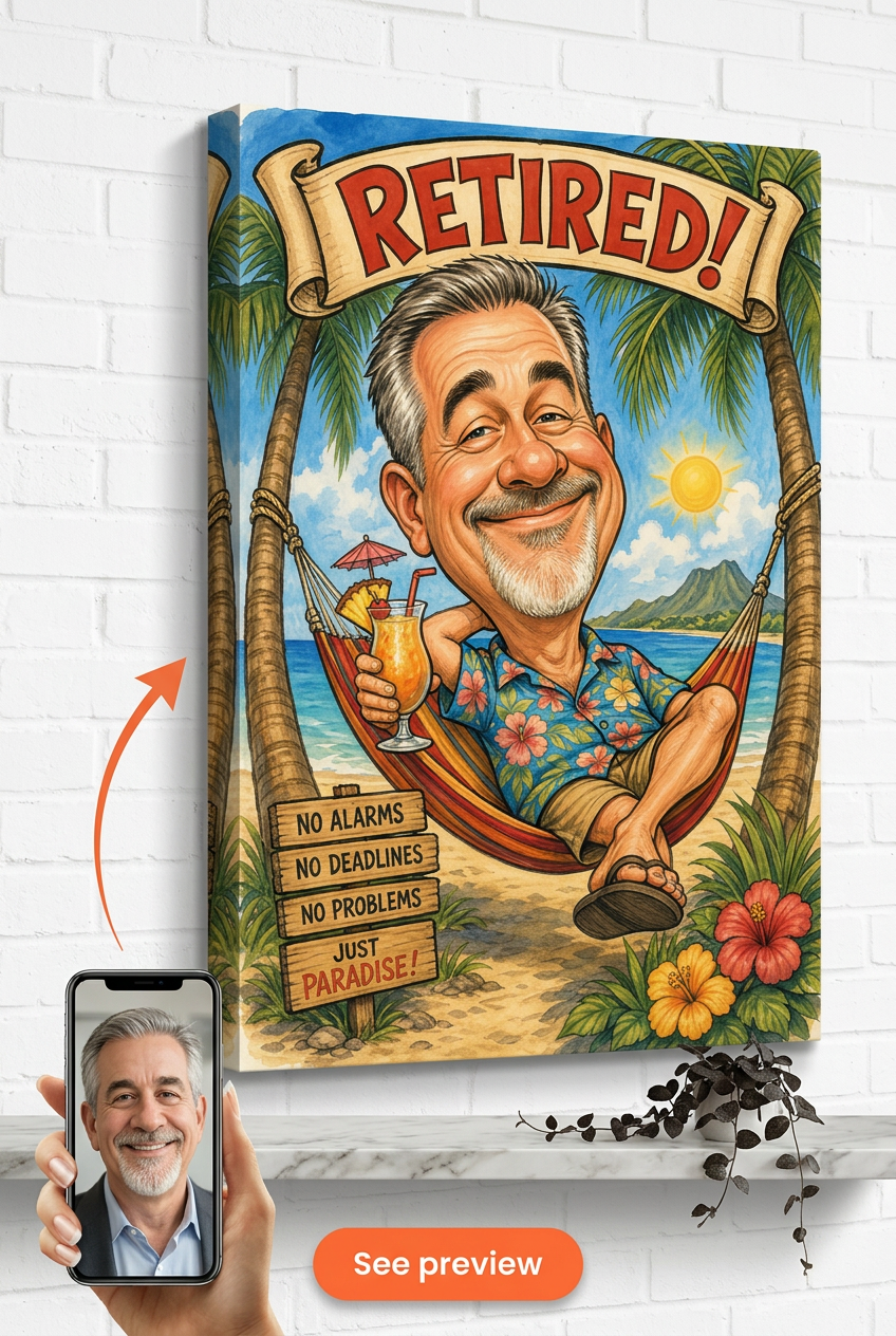 Retirement Caricature Custom Portrait from Photo | Personalized Canvas Gift