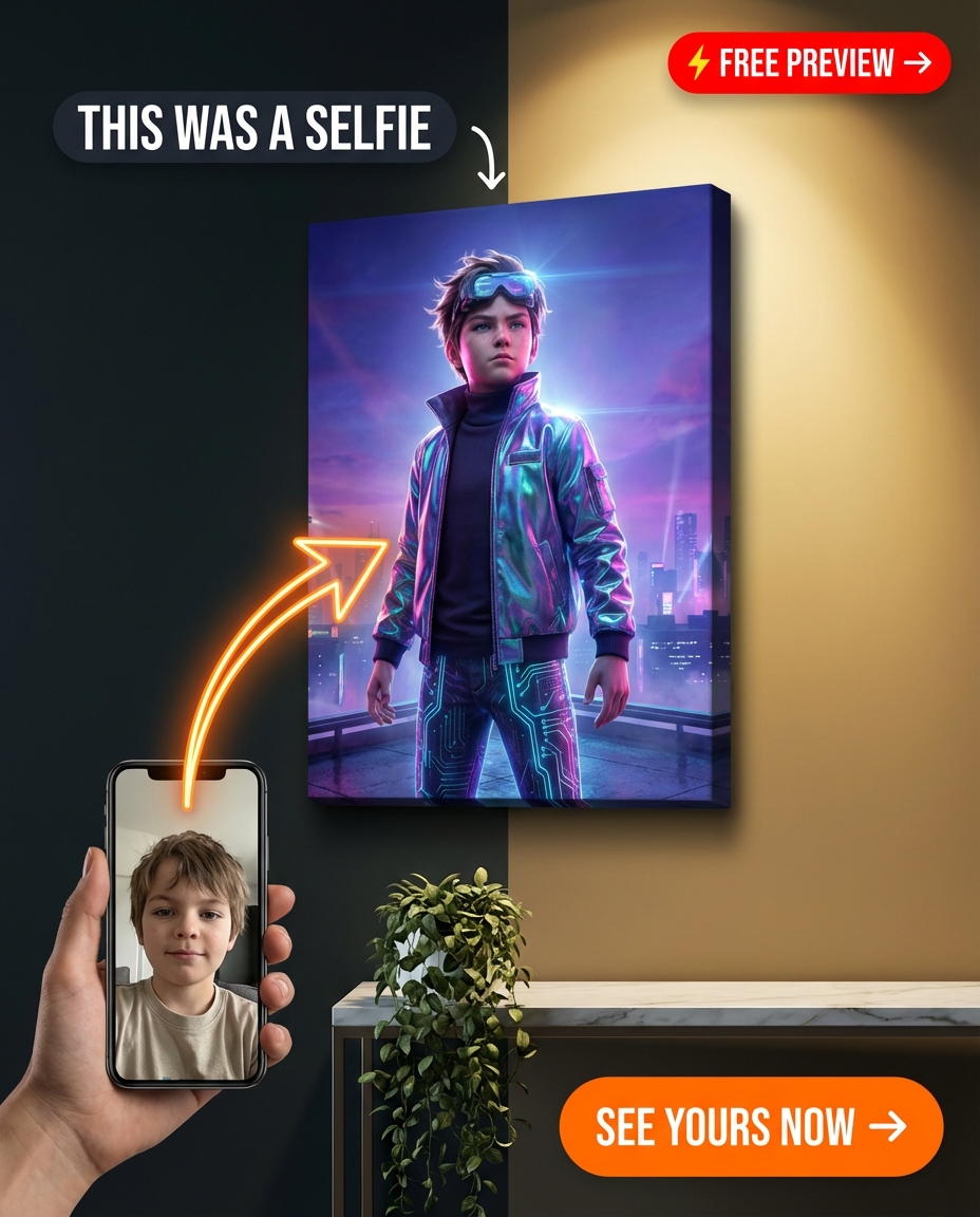 Custom Cyberpunk Boy Portrait — Neon Jacket Canvas Art