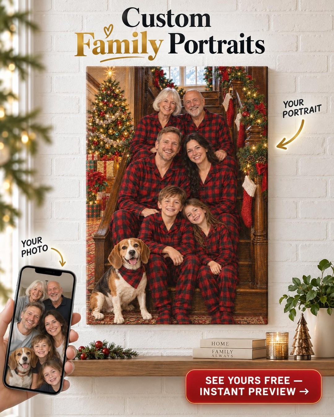 Matching Christmas Pajamas Custom Portrait from Photo | Personalized Christmas Portrait Gift