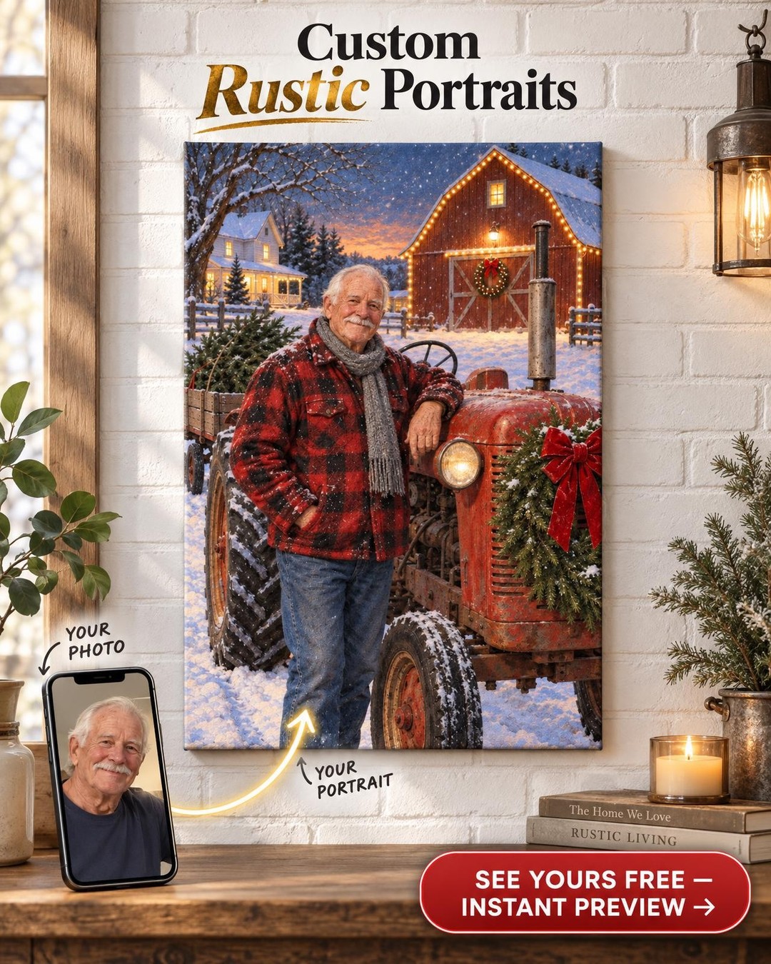 Christmas on the Farm Custom Portrait from Photo | Personalized Family Farm Portrait Gift