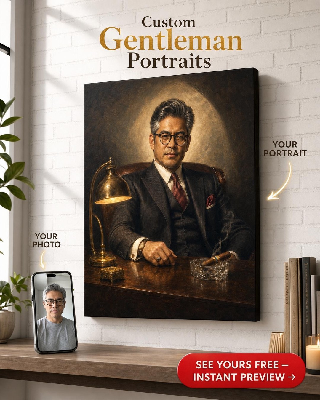 Custom 1940s Hollywood Mogul Power Portrait from Photo | Personalized Canvas Gift