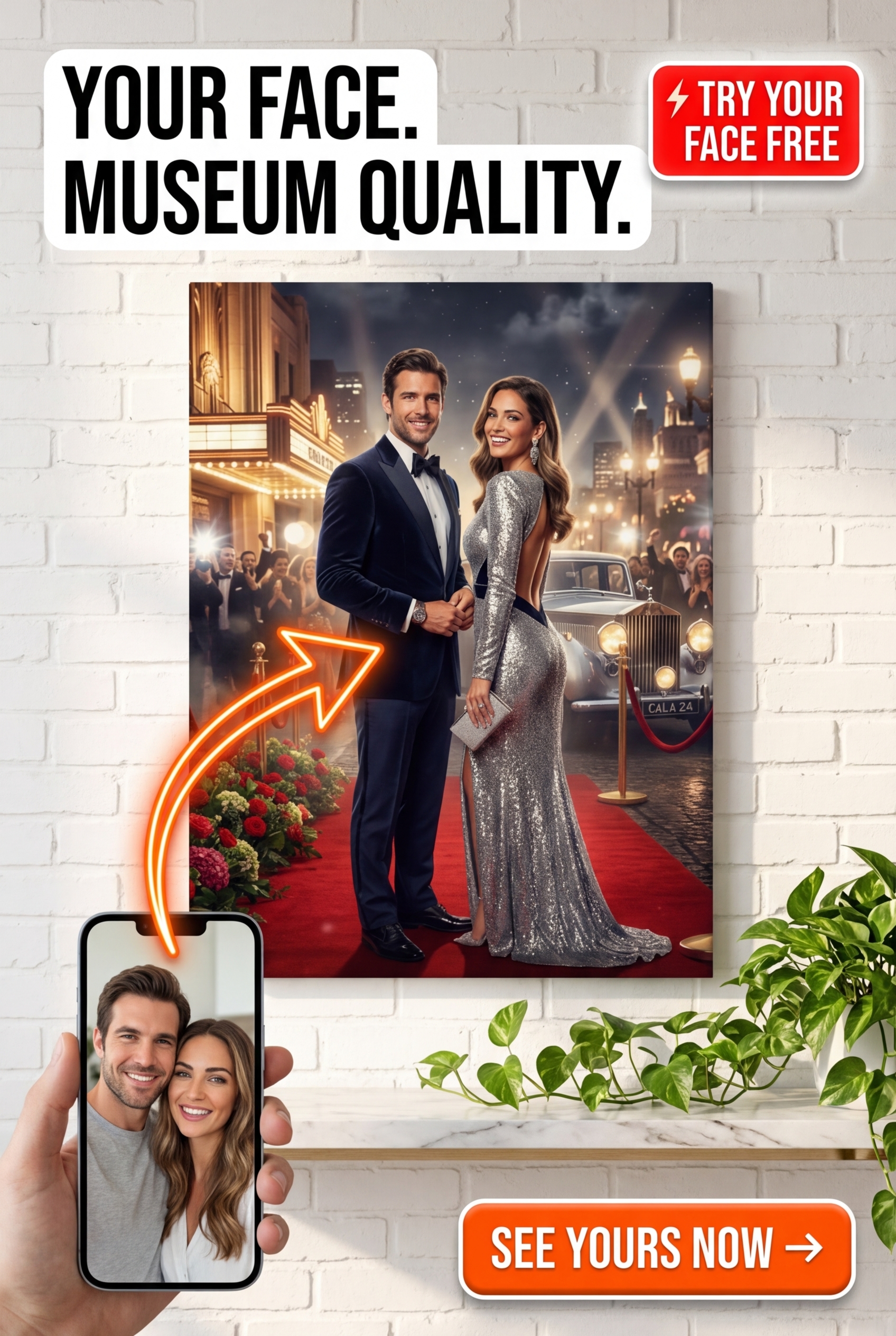 Custom Royal Couple Portrait — Romantic Red Carpet Canvas