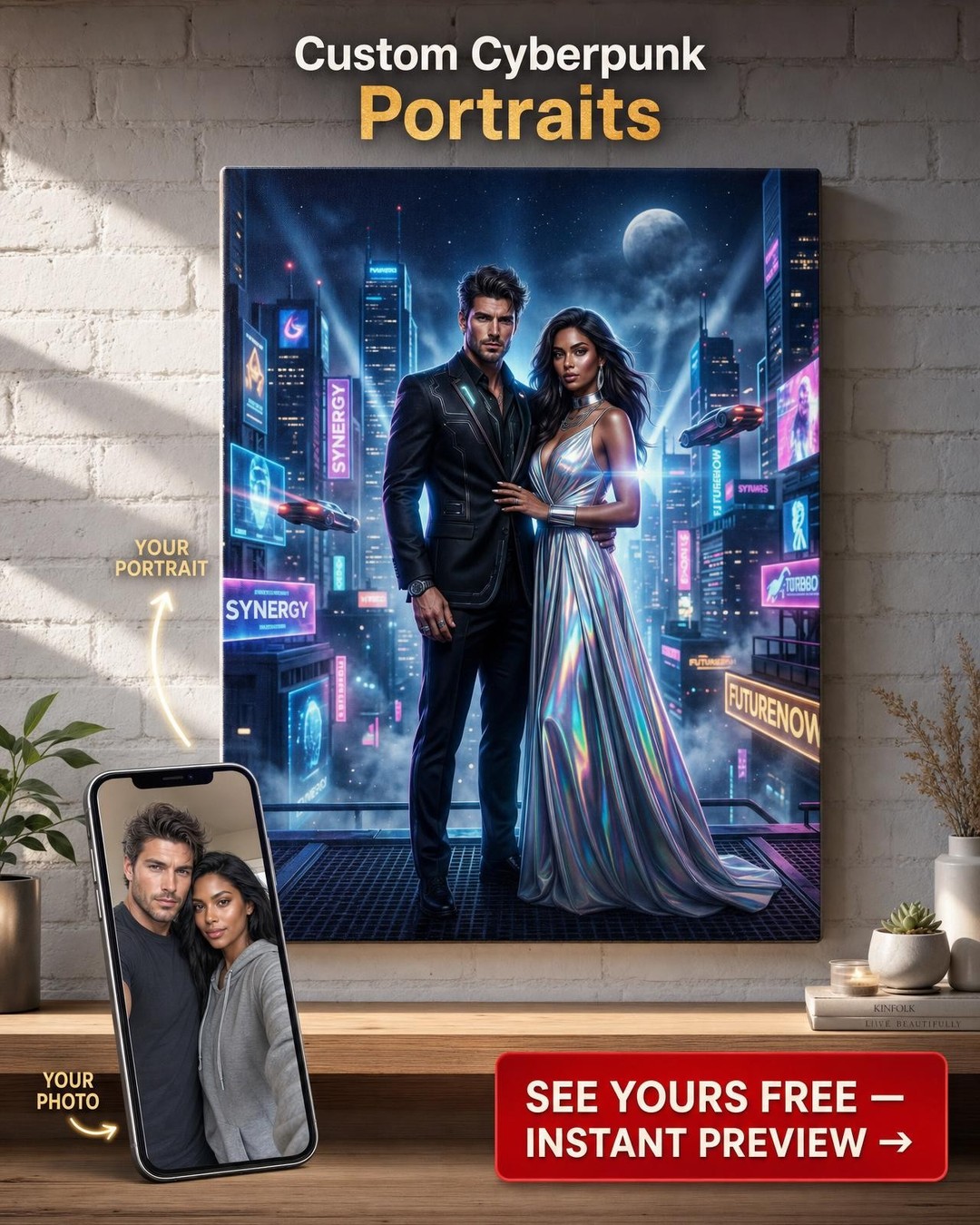 Custom Cyberpunk Couple Portrait — Neon Romance Canvas from Photo