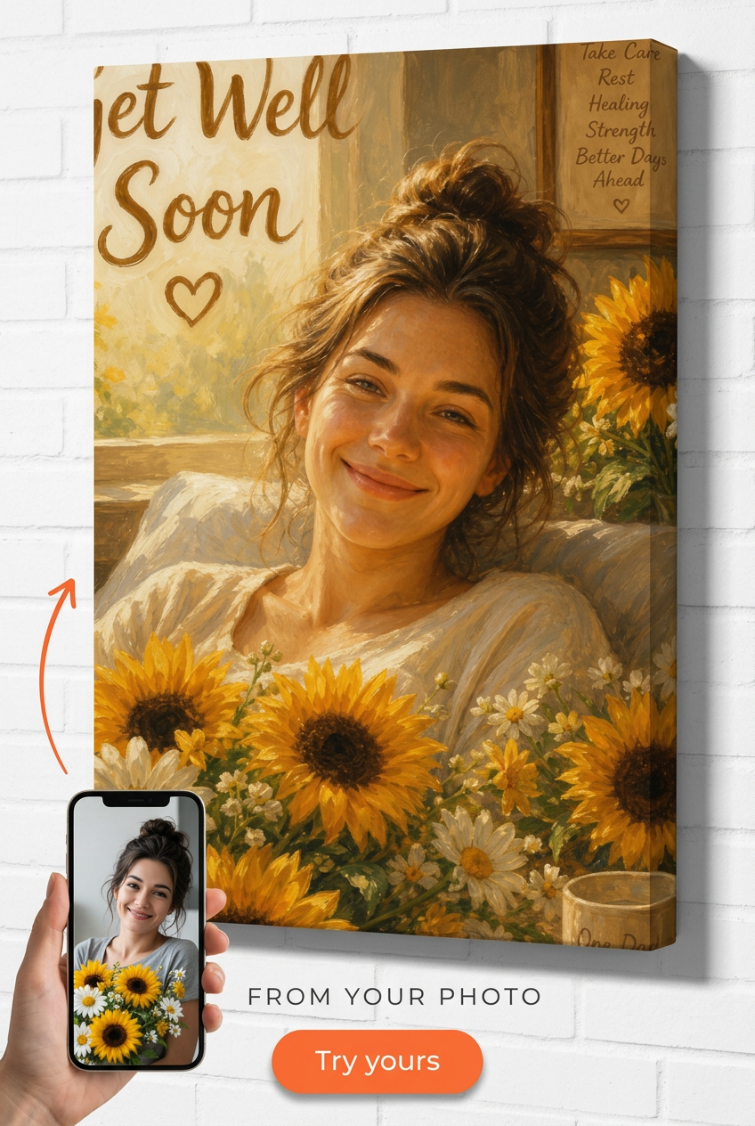 Custom GetWell Single Woman Portrait — Serene Sunflower Canvas for Him