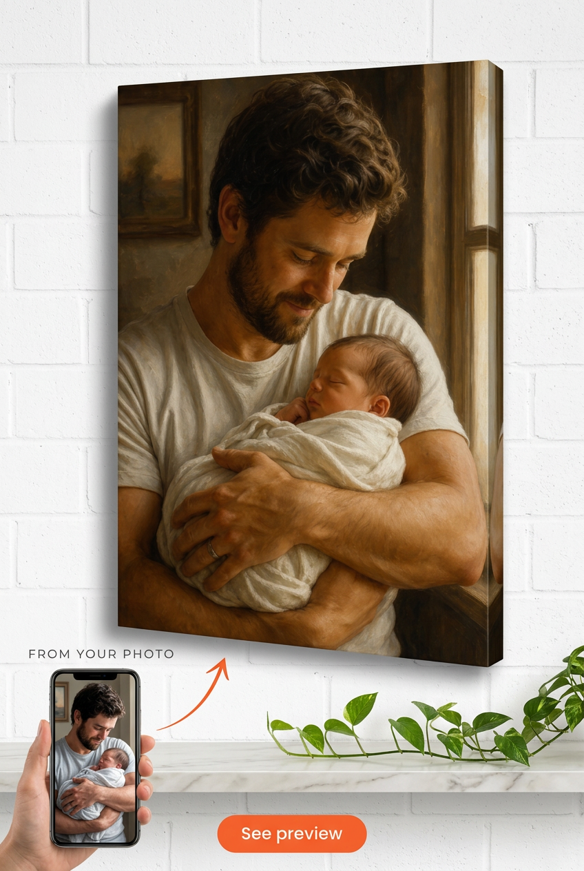 Gift for New Mom — Tender Fatherhood Moment Canvas from Photo