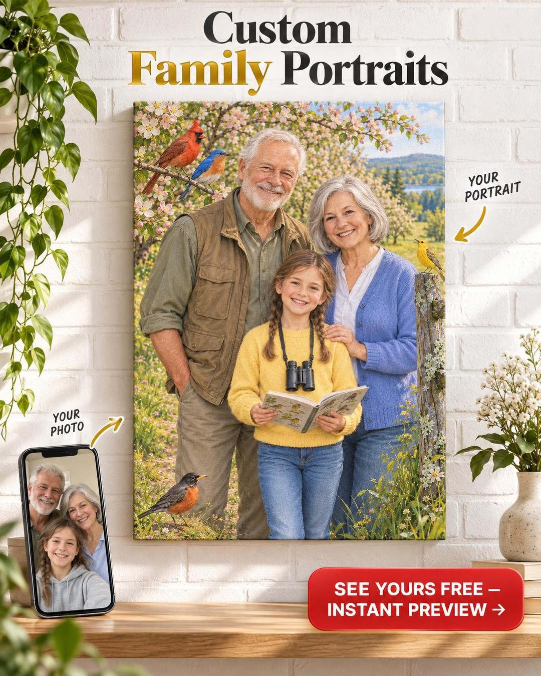 Grandparents’ Bird Walk Custom Portrait from Photo | Personalized Birdwatching Gift