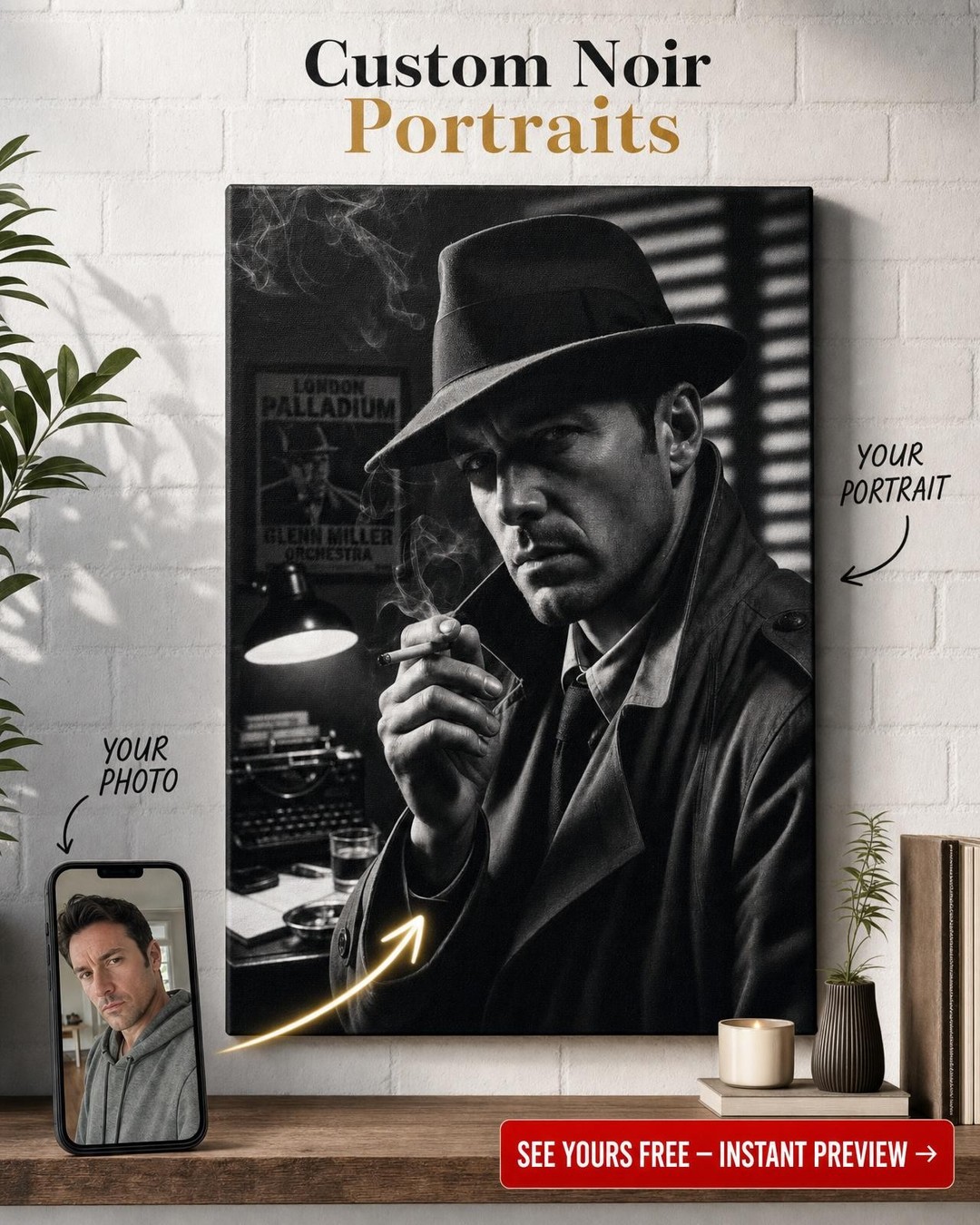 Smoky Light Film Noir Custom Portrait from Photo | Personalized Canvas Gift