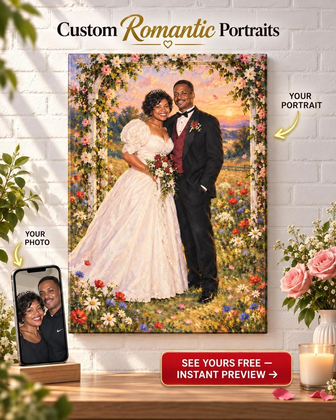 Our Wedding Under The Rose Arbor Custom Portrait from Photo | Personalized Wedding Memory Portrait Gift