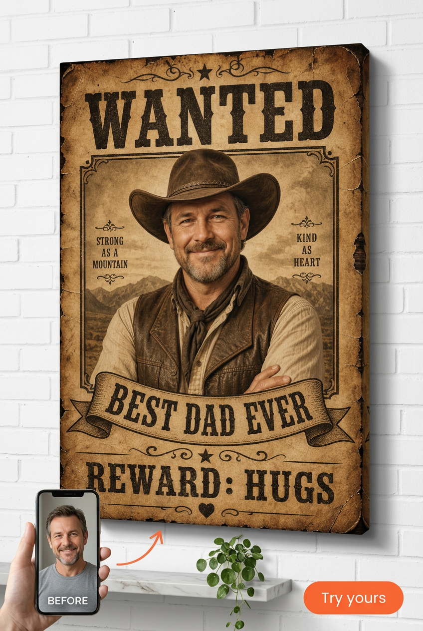 Custom Wanted Poster — Rustic Dad Tribute Canvas from Photo