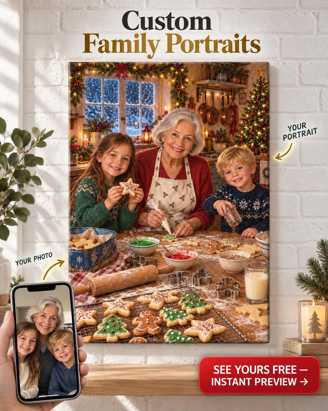 Christmas Cookies with Grandma Custom Portrait from Photo | Personalized Grandma Kitchen Portrait Gift
