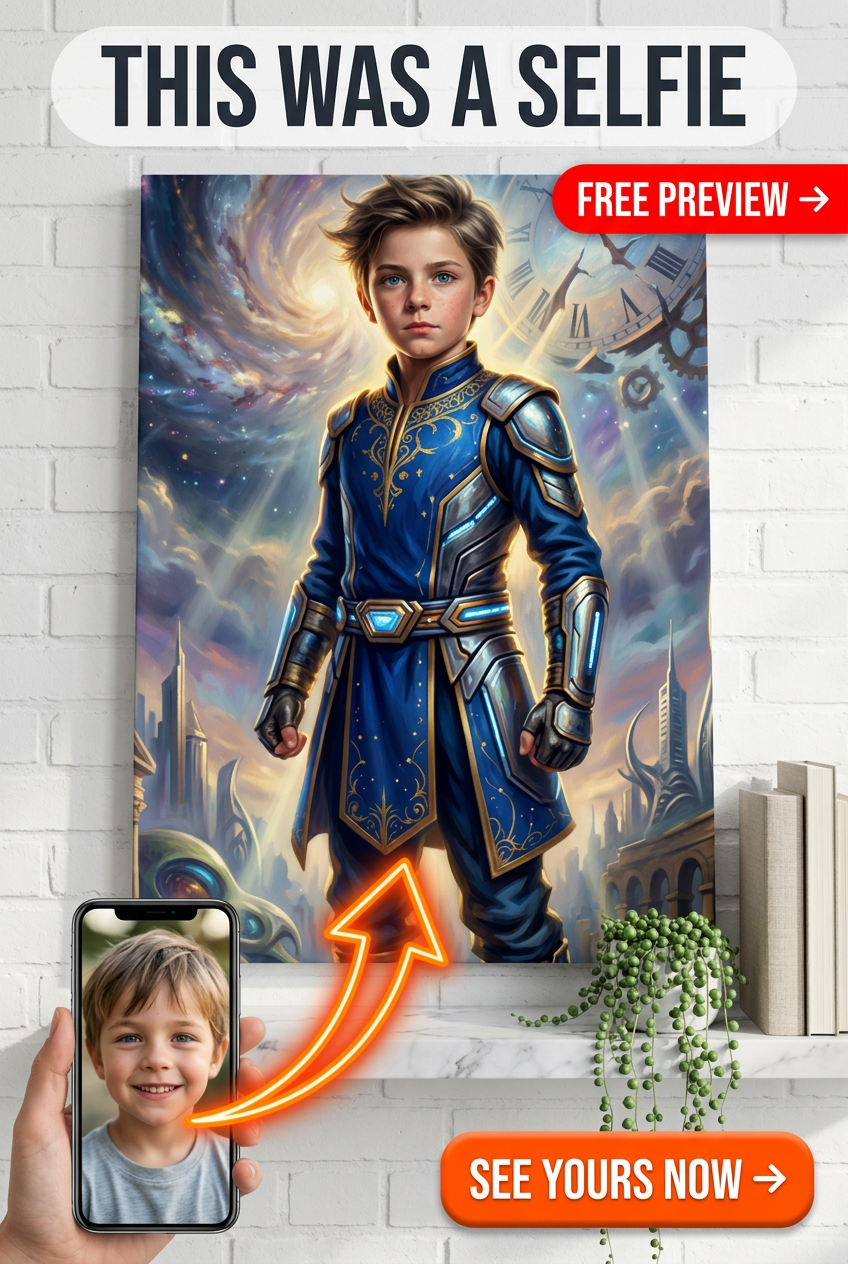 Custom Superhero Boy Portrait — Heroic Time-Traveler Canvas