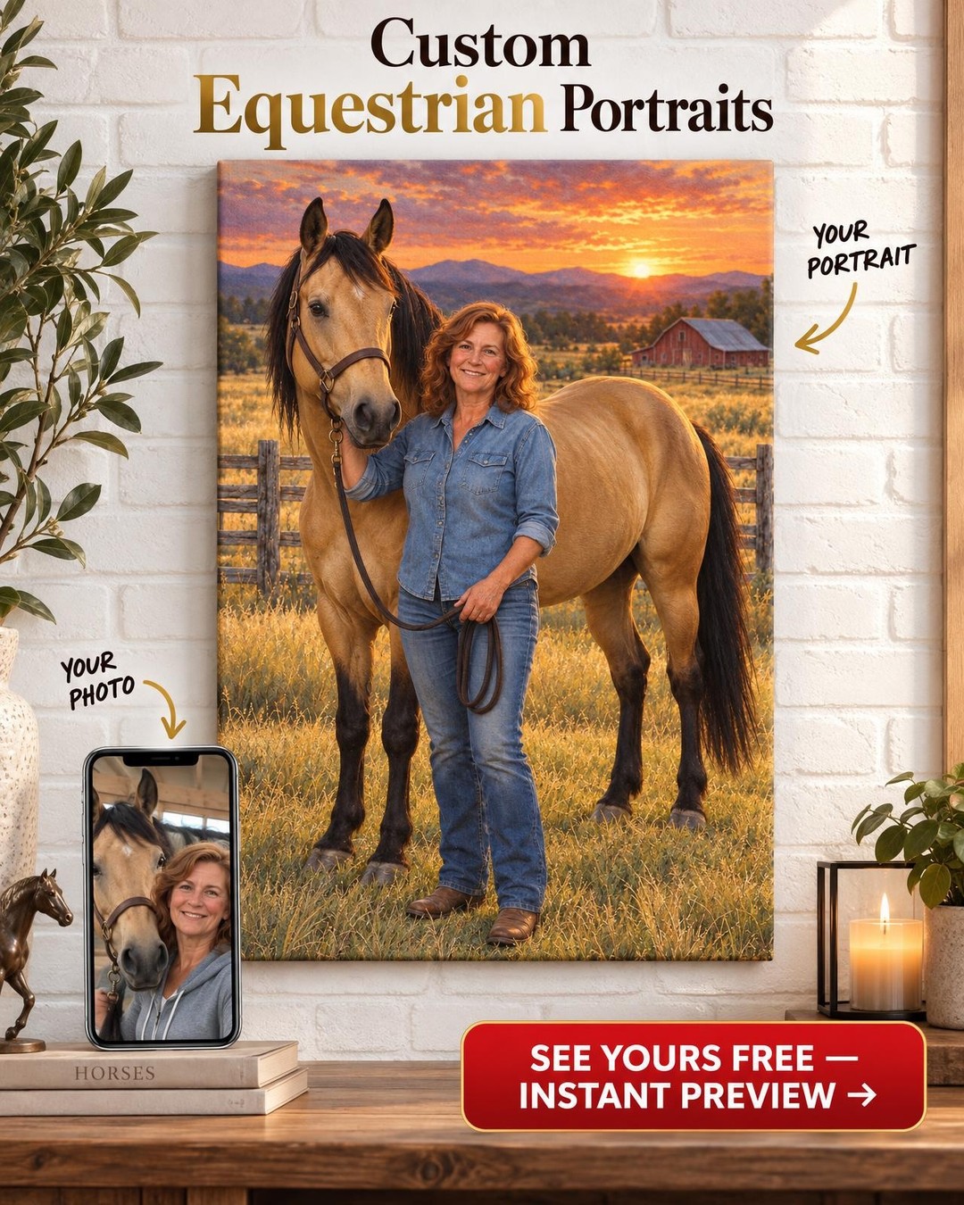 You and Your Horse at Golden Hour Custom Portrait from Photo | Personalized Horse and Rider Gift